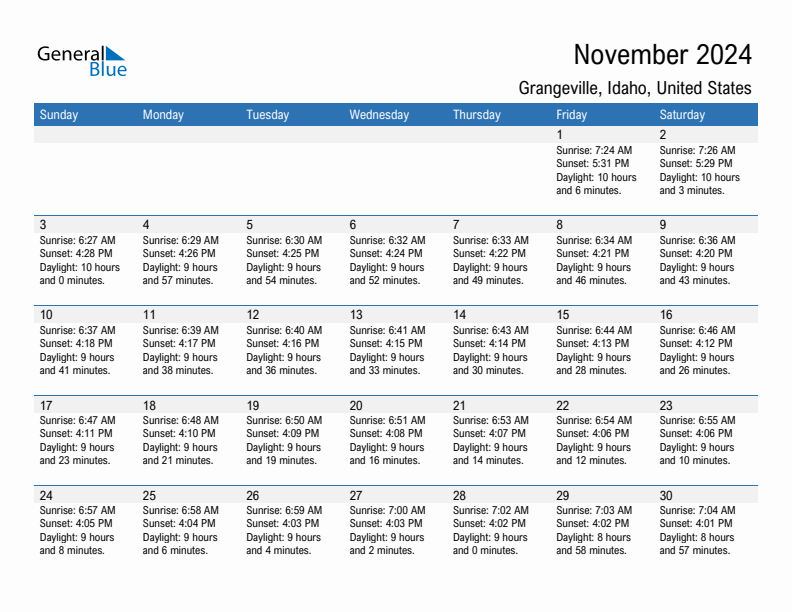 Grangeville November 2024 sunrise and sunset calendar in PDF, Excel, and Word