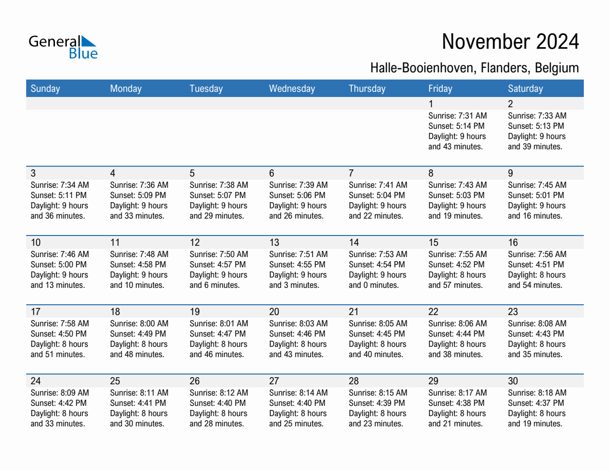 November 2024 sunrise and sunset calendar for Halle-Booienhoven