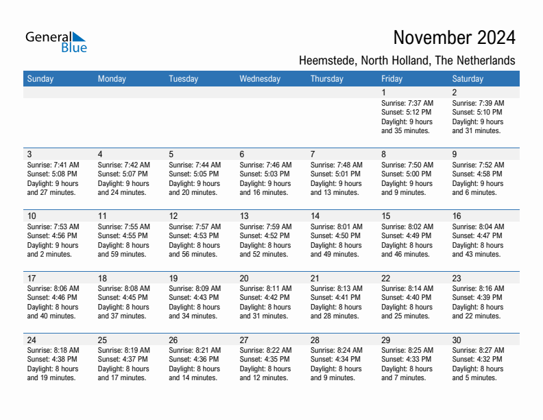 Heemstede November 2024 sunrise and sunset calendar in PDF, Excel, and Word
