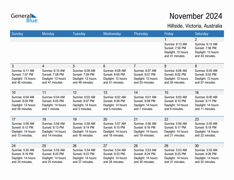 Hillside November 2024 sunrise and sunset calendar in PDF, Excel, and Word