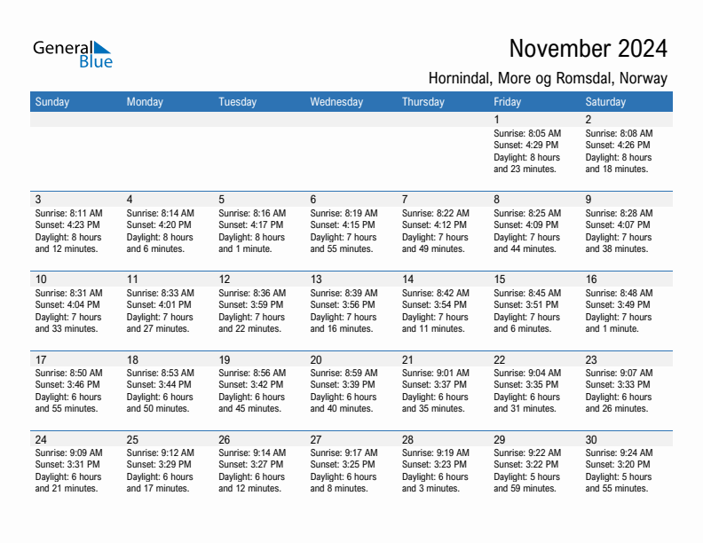 Hornindal November 2024 sunrise and sunset calendar in PDF, Excel, and Word