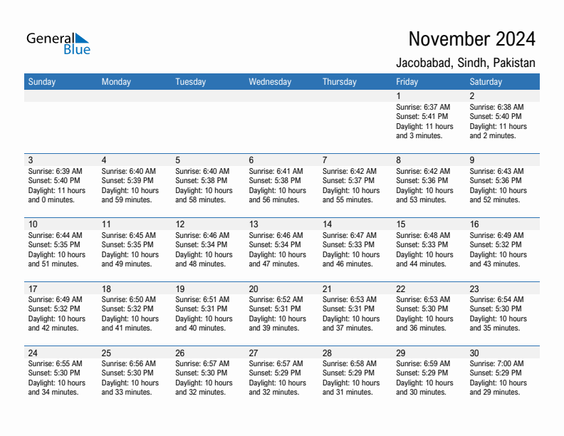 Jacobabad November 2024 sunrise and sunset calendar in PDF, Excel, and Word