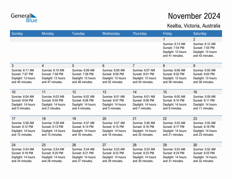Kealba November 2024 sunrise and sunset calendar in PDF, Excel, and Word