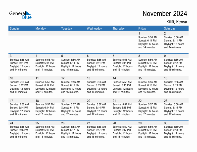 Kilifi November 2024 sunrise and sunset calendar in PDF, Excel, and Word