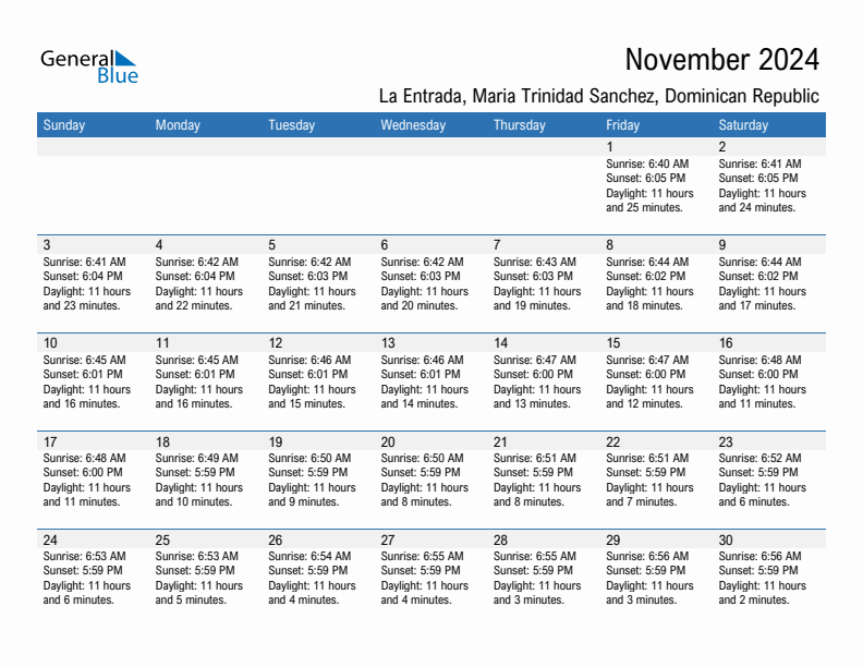 La Entrada November 2024 sunrise and sunset calendar in PDF, Excel, and Word