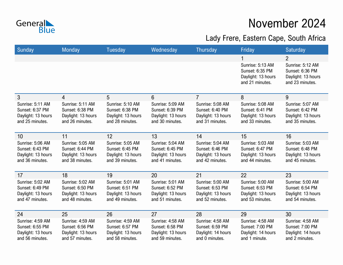 November 2024 sunrise and sunset calendar for Lady Frere