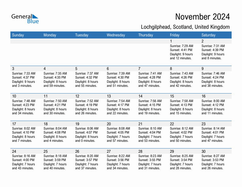 Lochgilphead November 2024 sunrise and sunset calendar in PDF, Excel, and Word