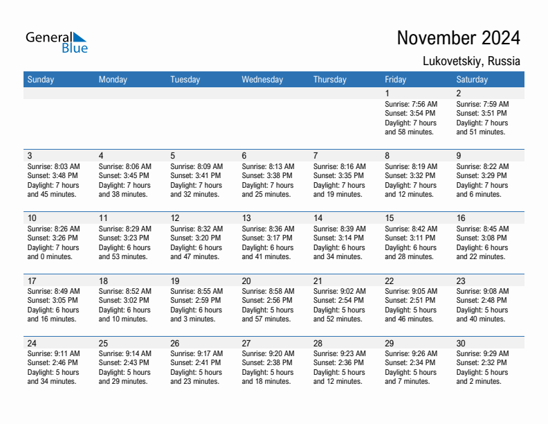 Lukovetskiy November 2024 sunrise and sunset calendar in PDF, Excel, and Word