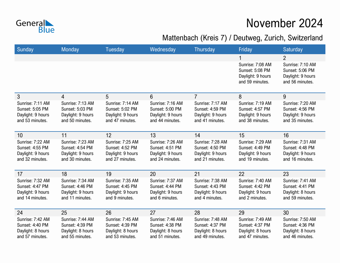 November 2024 sunrise and sunset calendar for Mattenbach (Kreis 7) / Deutweg