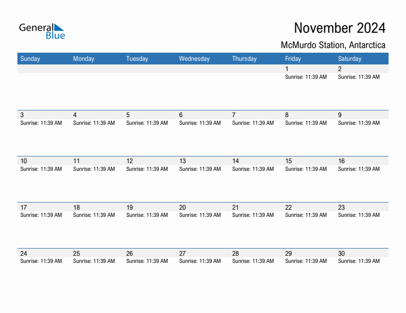 McMurdo Station November 2024 sunrise and sunset calendar in PDF, Excel, and Word