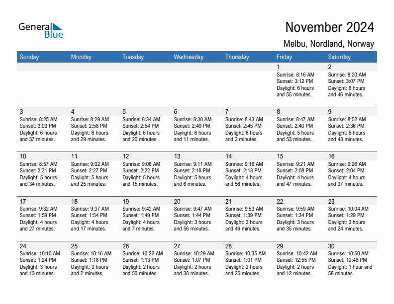 Melbu November 2024 sunrise and sunset calendar in PDF, Excel, and Word
