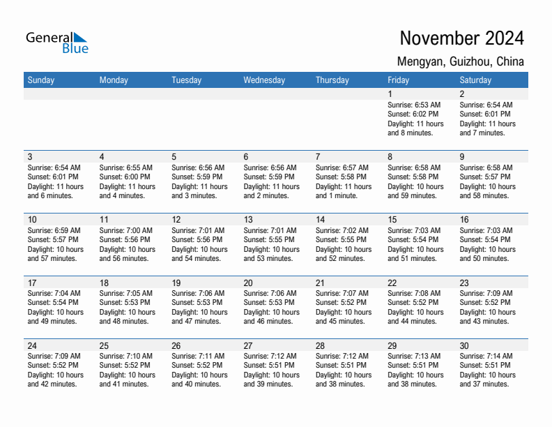 Mengyan November 2024 sunrise and sunset calendar in PDF, Excel, and Word