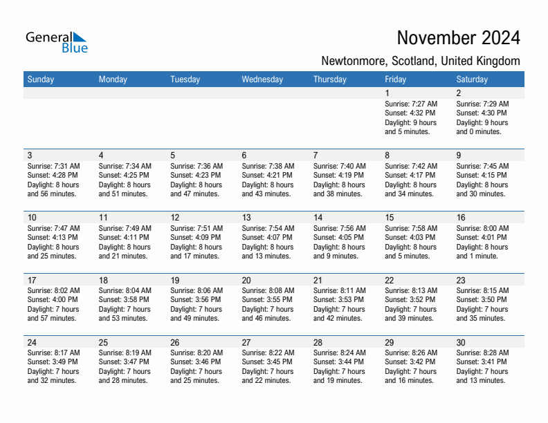 Newtonmore November 2024 sunrise and sunset calendar in PDF, Excel, and Word