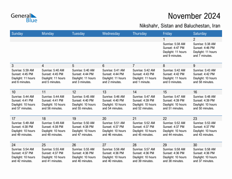 Nikshahr November 2024 sunrise and sunset calendar in PDF, Excel, and Word