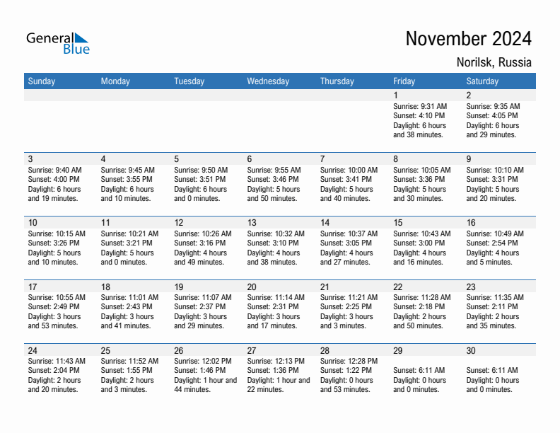 Norilsk November 2024 sunrise and sunset calendar in PDF, Excel, and Word