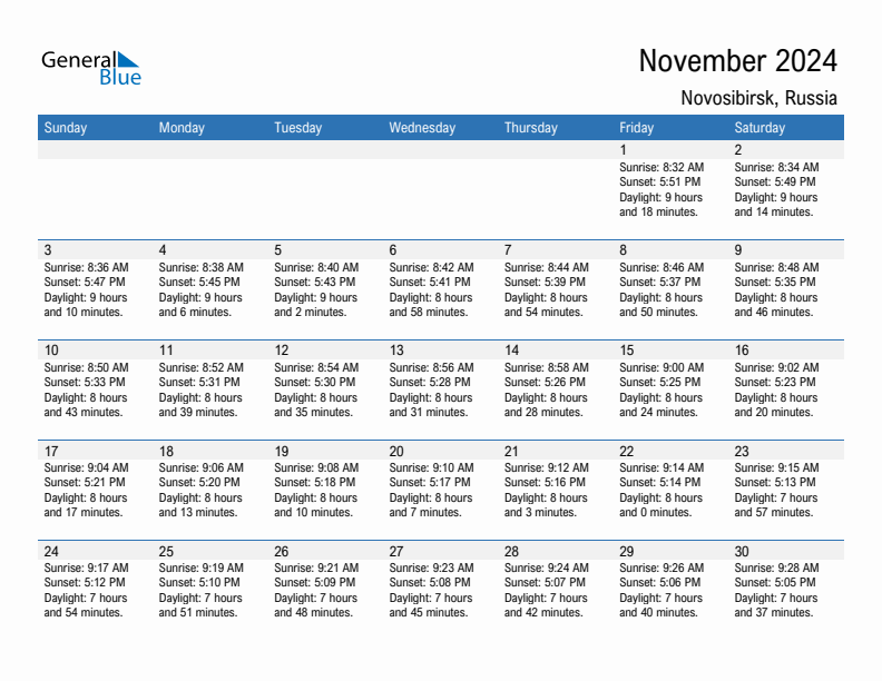 Novosibirsk November 2024 sunrise and sunset calendar in PDF, Excel, and Word