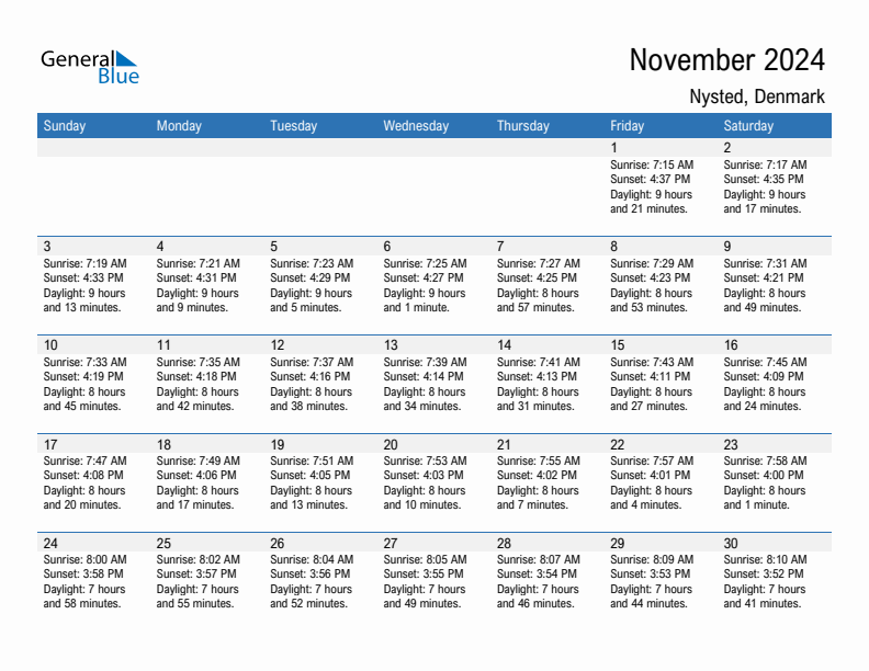 Nysted November 2024 sunrise and sunset calendar in PDF, Excel, and Word