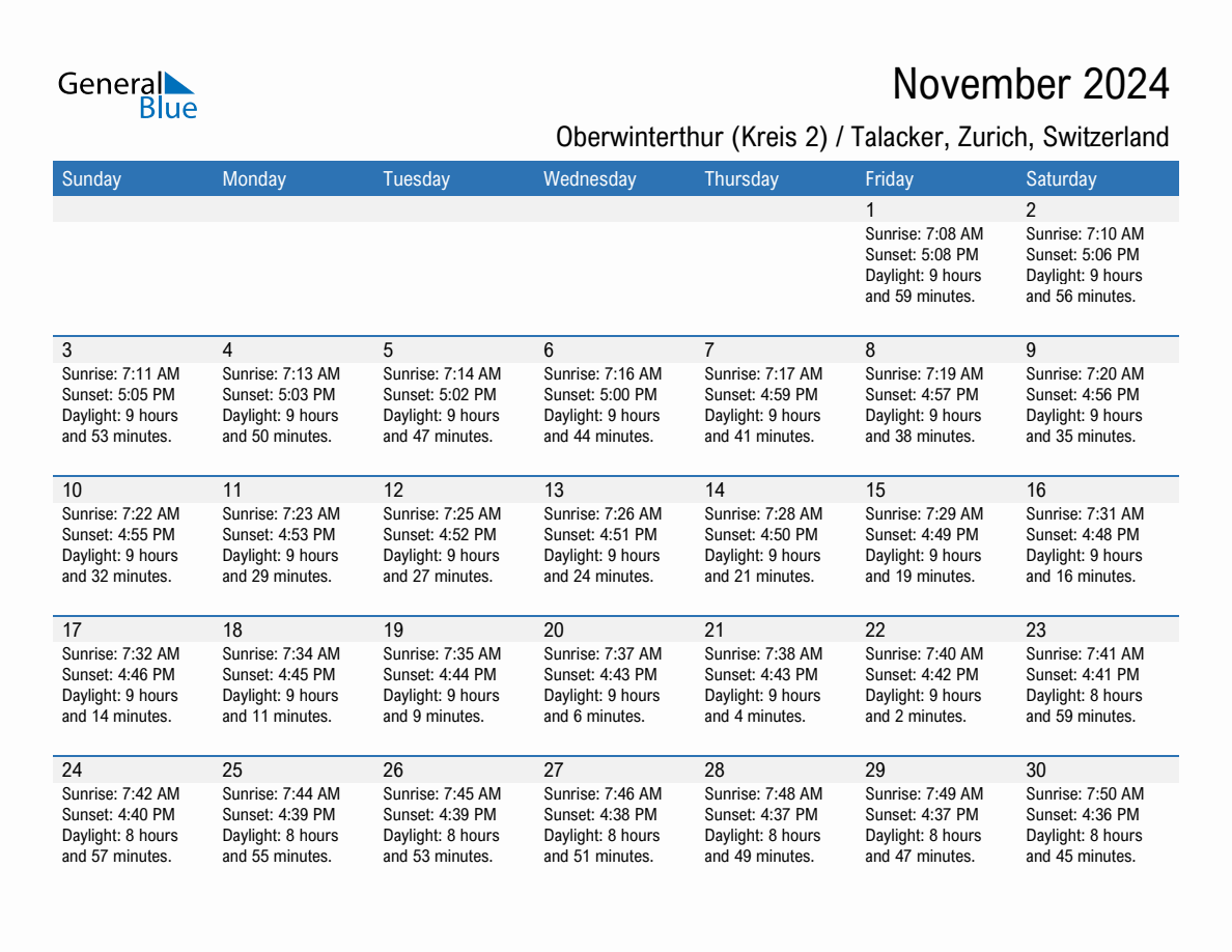 November 2024 sunrise and sunset calendar for Oberwinterthur (Kreis 2) / Talacker