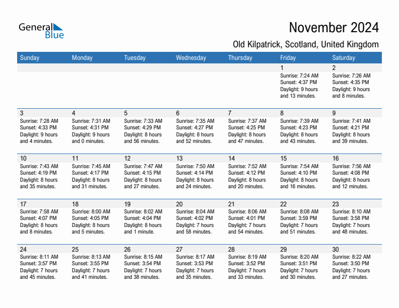 Old Kilpatrick November 2024 sunrise and sunset calendar in PDF, Excel, and Word