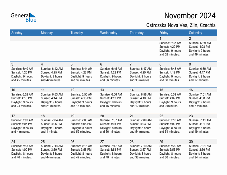 Ostrozska Nova Ves November 2024 sunrise and sunset calendar in PDF, Excel, and Word