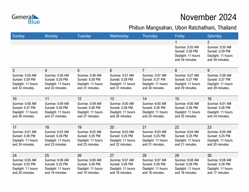 Phibun Mangsahan November 2024 sunrise and sunset calendar in PDF, Excel, and Word
