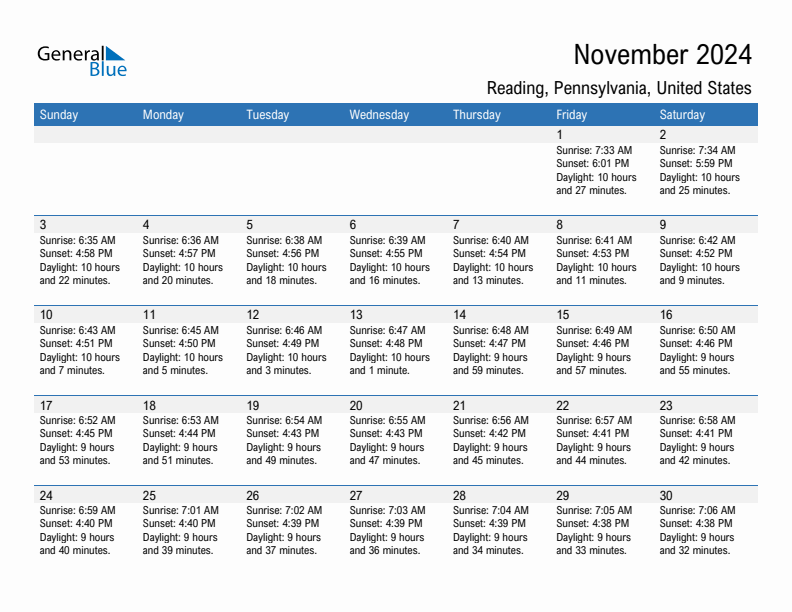 Reading November 2024 sunrise and sunset calendar in PDF, Excel, and Word