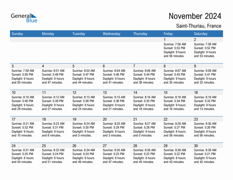 Saint-Thuriau November 2024 sunrise and sunset calendar in PDF, Excel, and Word