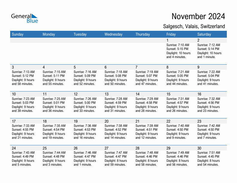 Salgesch November 2024 sunrise and sunset calendar in PDF, Excel, and Word