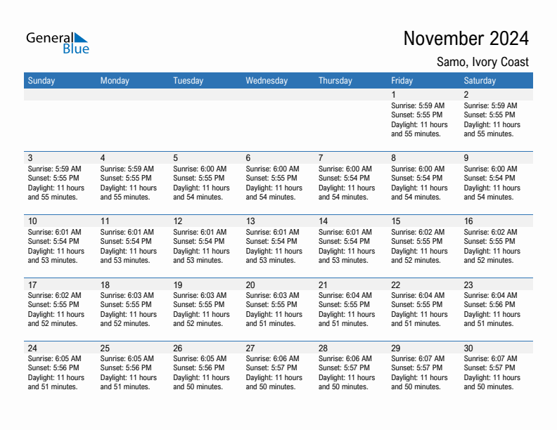 Samo November 2024 sunrise and sunset calendar in PDF, Excel, and Word