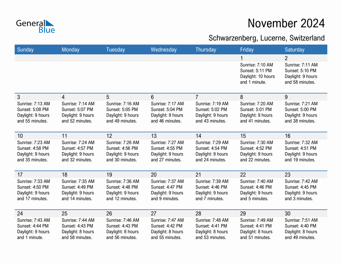 November 2024 sunrise and sunset calendar for Schwarzenberg