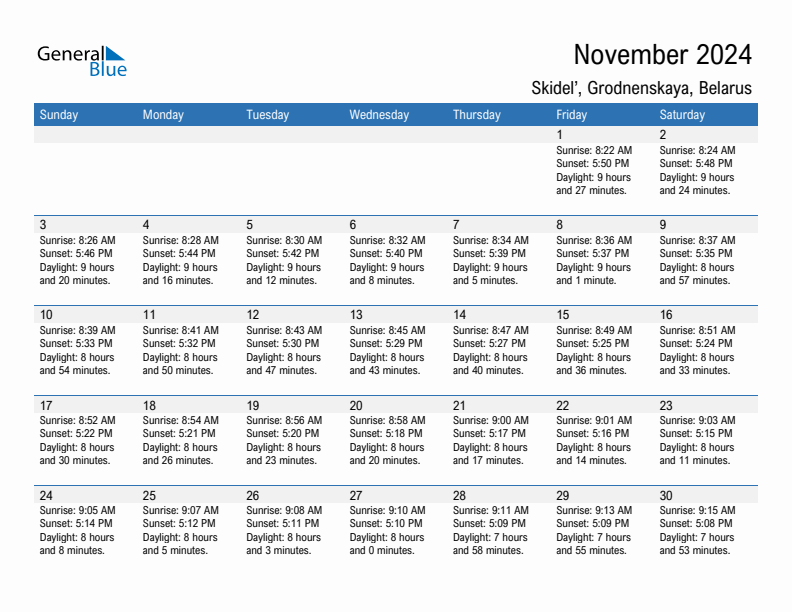 Skidel' November 2024 sunrise and sunset calendar in PDF, Excel, and Word
