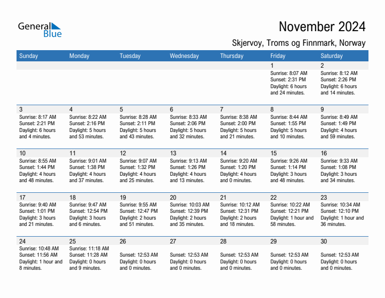 Skjervoy November 2024 sunrise and sunset calendar in PDF, Excel, and Word