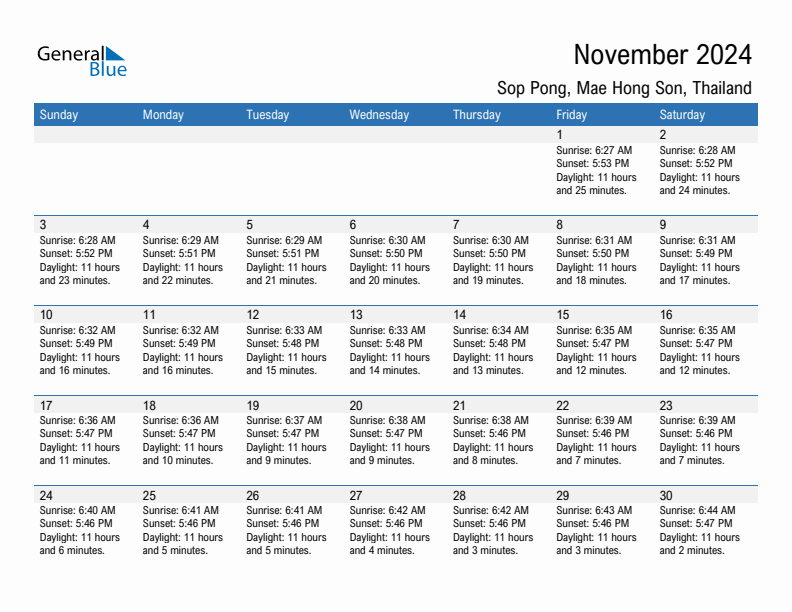 Sop Pong November 2024 sunrise and sunset calendar in PDF, Excel, and Word