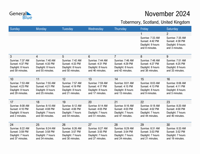 Tobermory November 2024 sunrise and sunset calendar in PDF, Excel, and Word