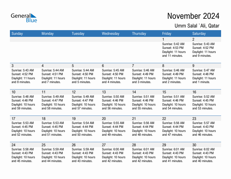 Umm Salal `Ali November 2024 sunrise and sunset calendar in PDF, Excel, and Word