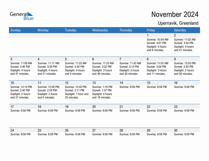 Upernavik November 2024 sunrise and sunset calendar in PDF, Excel, and Word