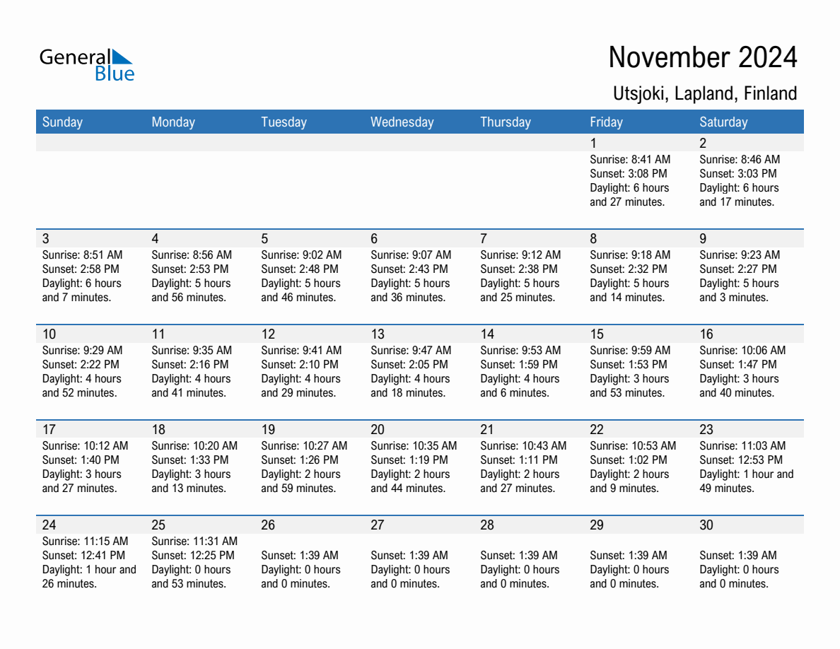 November 2024 sunrise and sunset calendar for Utsjoki