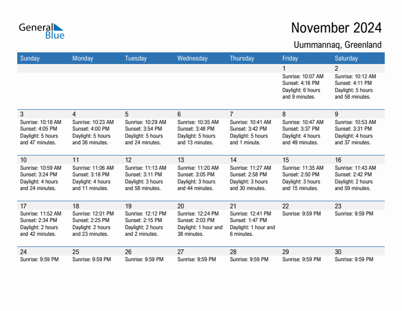 Uummannaq November 2024 sunrise and sunset calendar in PDF, Excel, and Word