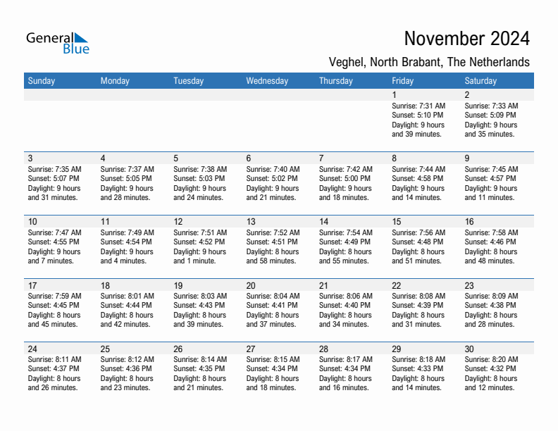 Veghel November 2024 sunrise and sunset calendar in PDF, Excel, and Word