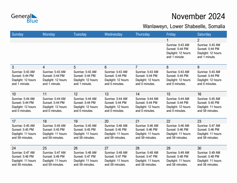 Wanlaweyn November 2024 sunrise and sunset calendar in PDF, Excel, and Word