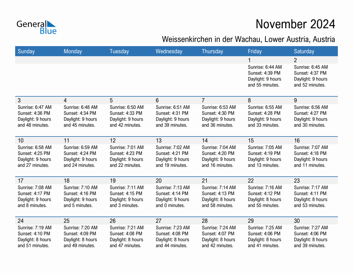 November 2024 sunrise and sunset calendar for Weissenkirchen in der Wachau