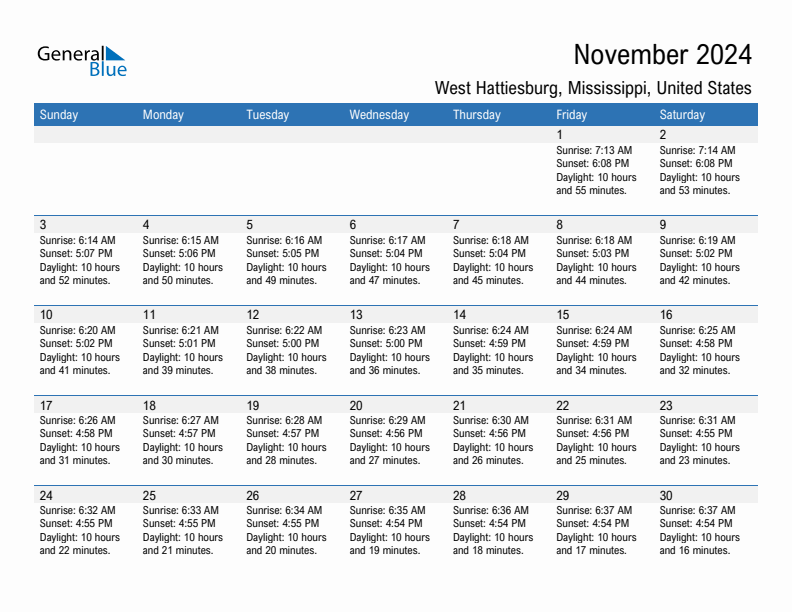 West Hattiesburg November 2024 sunrise and sunset calendar in PDF, Excel, and Word