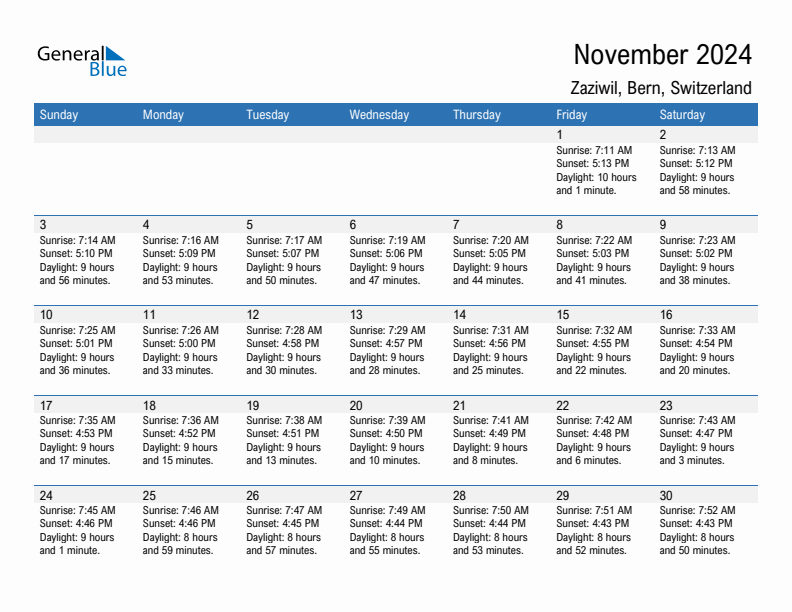 Zaziwil November 2024 sunrise and sunset calendar in PDF, Excel, and Word