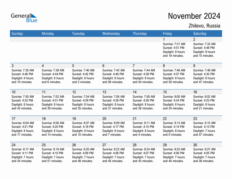 Zhilevo November 2024 sunrise and sunset calendar in PDF, Excel, and Word