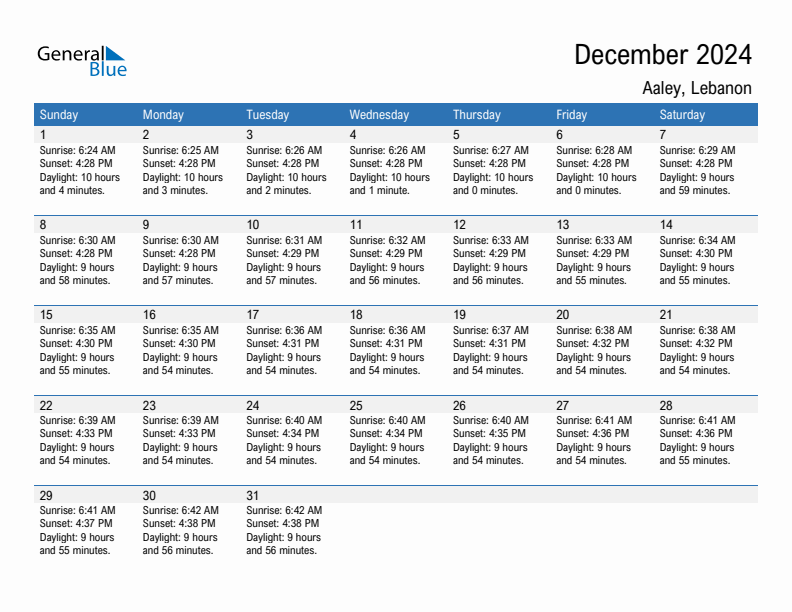 Aaley December 2024 sunrise and sunset calendar in PDF, Excel, and Word