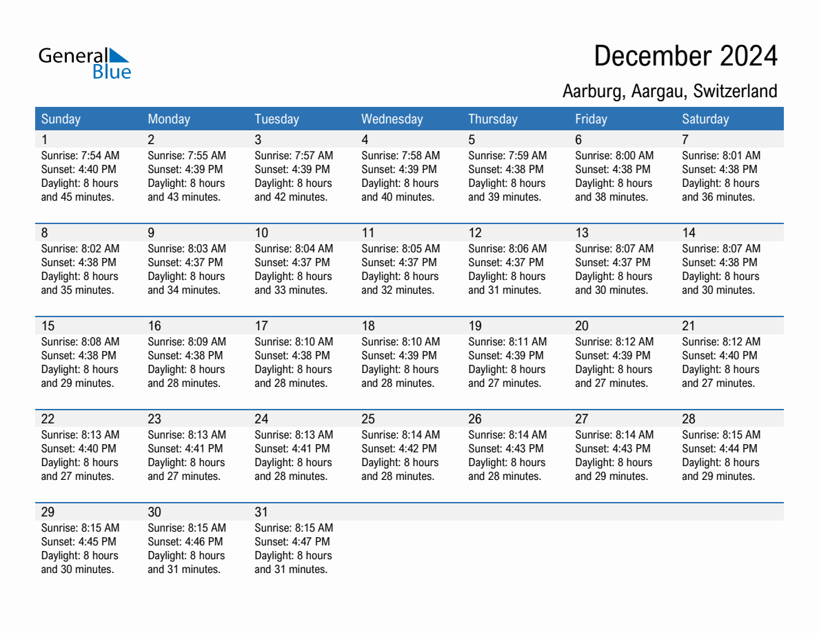 December 2024 sunrise and sunset calendar for Aarburg