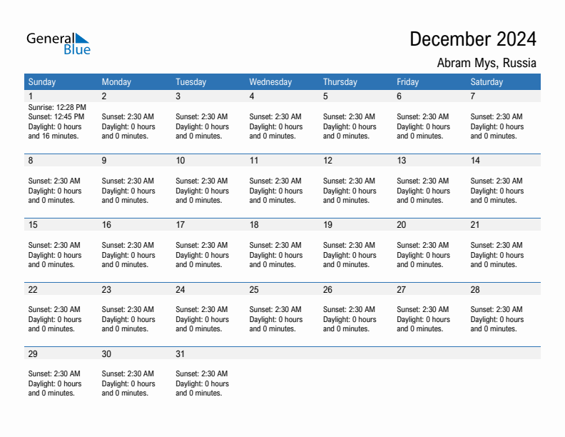 Abram Mys December 2024 sunrise and sunset calendar in PDF, Excel, and Word