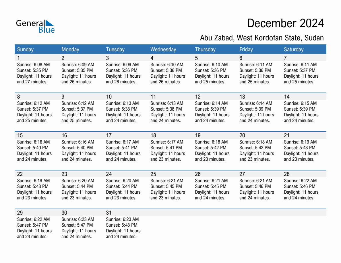 December 2024 sunrise and sunset calendar for Abu Zabad