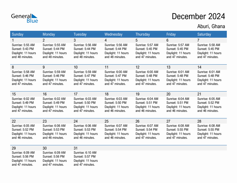 Aburi December 2024 sunrise and sunset calendar in PDF, Excel, and Word