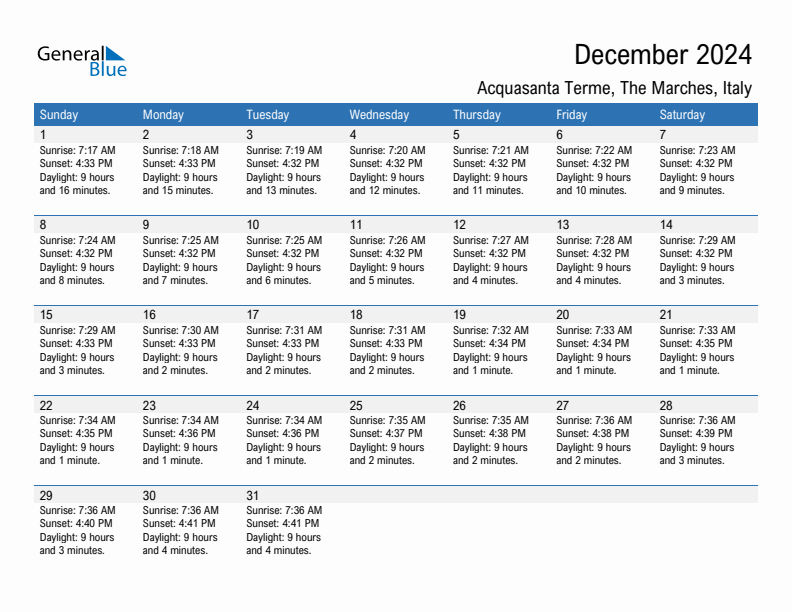 Acquasanta Terme December 2024 sunrise and sunset calendar in PDF, Excel, and Word